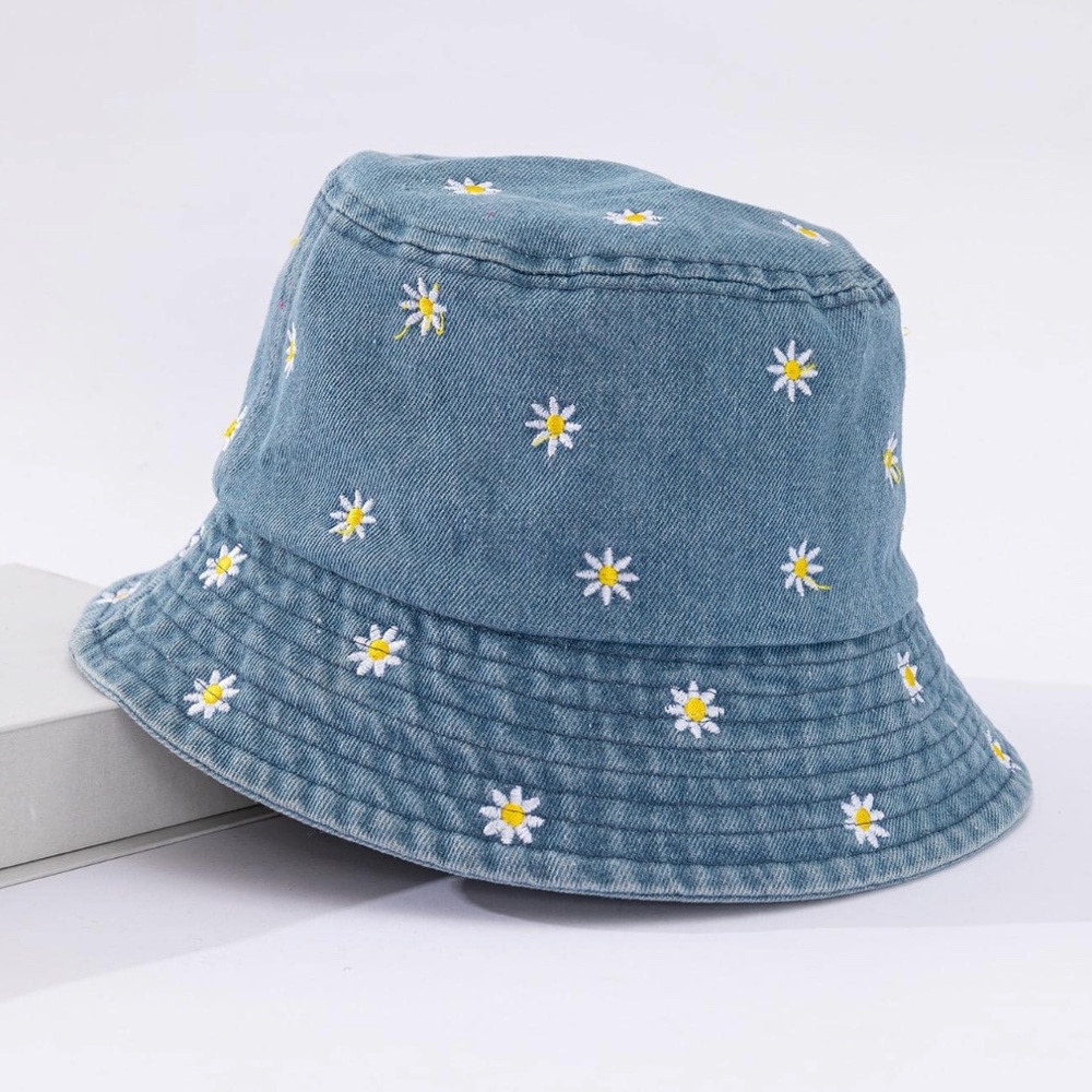 Boho Daisy Embroidered Denim Jean Bucket Hat
